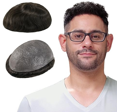 Lordhair Toupet Echthaar Männer,Perücke Männer,0,03 mm Dünne Leder Basis 20 * 25 CM Leichtes Haarersatzsystem Mittlerer Dichte,Toupet Natürlich eng anliegend, Elegant und Schön