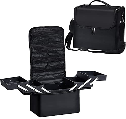 Vanity Case Makeup Storage Box Organiser Travel Train Case Luggage Makeup Case Make Up Beauty Box with Shoulder Strap, Large Size, Black