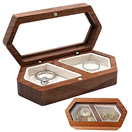 molchagar Ring Box for Wedding Ceremony, Wooden Ring Bearer Box, Velvet Ring Box for Propsal, Jewelry Display Box for 2 Wedding Rings, Valentine Gift Box