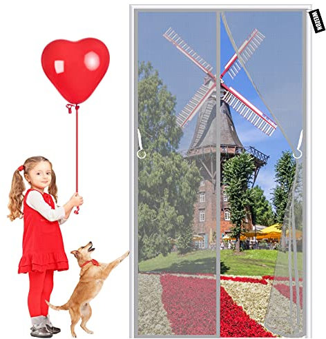 Magnet Fliegengitter Tür Insektenschutz 150 x 205 cm Magnetischer Fliegenvorhang Magnetvorhang HäNde Frei für Wohnzimmer Balkontür Terrassentür Klebemontage, Ohne Bohren - Grau A
