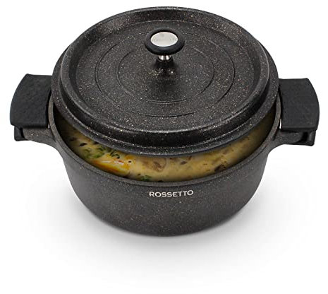ACTIV CUISINE Cocotte en fonte ronde induction Marmite en fonte 4.5 Litres 24cm Fonte d'Aluminium, Revêtement Anti-adhésif Aspect Pierre, Avec Couvercle Coussinets en Silicone Amovibles, Noir