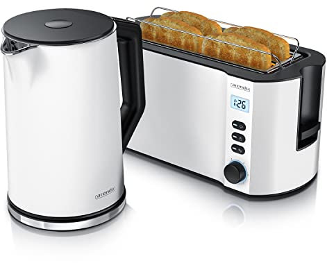 Arendo - Wasserkocher mit Toaster SET Edelstahl Weiß matt, Wasserkocher 1,5L 40° 100° Warmhaltefunktion Toaster 4 Scheiben LED-Display 6 Bräunungsgrade Brötchaufsatz