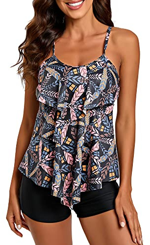 Flyily Tankini i 2 delar, baddräkt med volanger, överdel med tryck, pojkshorts, plusstorlek, badkläder, XL