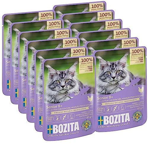 Bozita Nassfutter Senior 8+ Häppchen in Sauce mit viel Huhn - 12x85g Portionsbeutel getreidefreies & weizenfreies Futter für Katzen - Katzen Nassfutter mit 8,5% Protein & 4,5% Fettgehalt