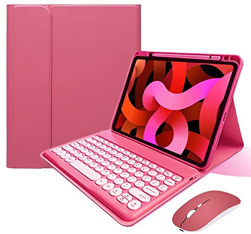 KMXDD Keyboard Case Compatible with iPad 11-inch A16 2025, iPad 10th Generation 10.9 Inch 2022 Case with Bluetooth Mouse Round Key Cute Removable Color Keyboard Cover,Begonia Red