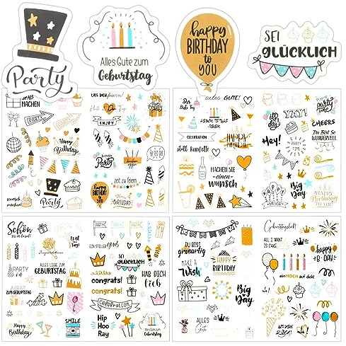 EKOCEV Geburtstag Sticker 225 Stück Geburtstag Aufkleber Set, Erwachsene & Kinder Deutsch Geburtstag Sticker für Gästebuch Geburtstag Geburtstagskarten und Fotoalbum