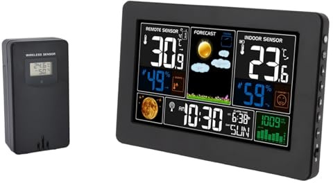Topyond Funk Wetterstation,Wetteruhr Großer Farbbildschirm Wetteranzeige Uhr Farbdisplay für Innen und Außentemperatur Temperatur Luftfeuchtigkeit Druck,mit Farbdisplay inkl Außensensor