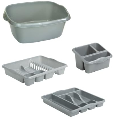 Aurora - Plastic Rectangular Washing Up Bowl, Large Dish Drainer Rack Plate Holder Kitchen Sink, Large Sink Tidy Cutlery Drainer Holder Caddy & Cutlery Tray Organizer Set of 4. (Silver)