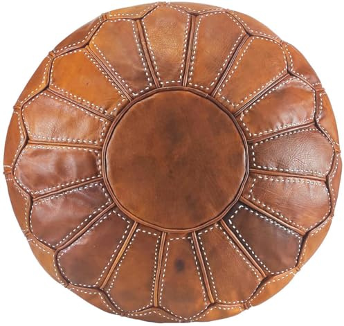 ALMADIH Leder Pouf marokkanische Sitzkissen - Gefüllt geliefert - Cognac Braun, 100% Handarbeit orientalische Bodenkissen Sitzsack Fußhocker Lederkissen robust Echtleder Hellbraun (Pouf Cognac Naht)