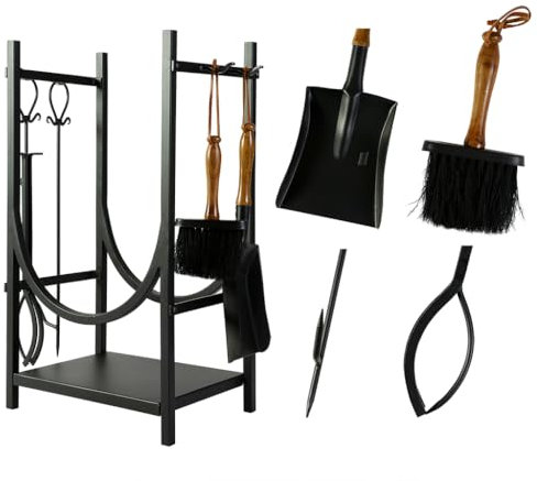 Dibor Log Basket Fireside Companion Set - Recycled Iron Black Log Store Indoors with Fire Poker, Dustpan, Brush & Tongs Fireplace Accessories Contemporary Wood Basket Log Rack Log Burner Accessories