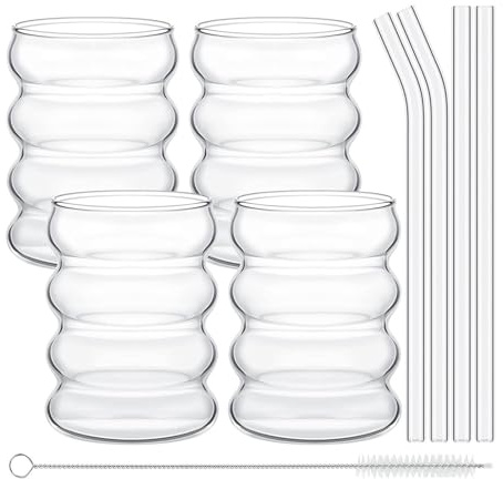 2/4er-Pack Trinkgläser, Tassen mit Glasstrohhalmen, Gerippte Eiskaffeegläser, Kreative Wellenform, Blasenglasbecher, Vintage-Glaswar-Set für Cocktailgetränke, Soda, Saft, Tee(4 Stück)