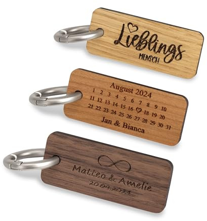 STREIFHOLZ Schlüsselanhänger aus Holz personalisiert mit verschiedenen Motiven zur Auswahl, Eiche Nussbaum und Kirschbaum mit Schlüsselring