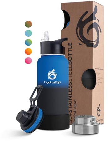 hydro2go Stainless Steel Water Bottle – 950 ml, BPA-Free, 3 Drinking Caps