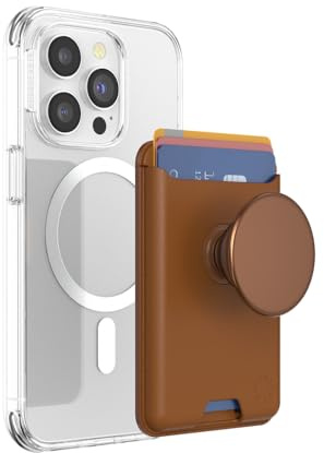 PopSockets: PopWallet für MagSafe - Mit Griff - Inklusive Adapterring für MagSafe - Schlanker, repositionierbarer Kartenhalter für Smartphones und Hüllen - SoftGoods - Cognac