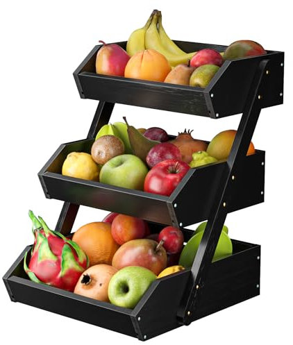 CALM COZY Support de Corbeille à Fruits en Bambou à 3 étages, Support à Panier de Fruits Rangement pour les légumes pour plan de travail de cuisine pour Fruits, Légumes, Pain, collations,Noir