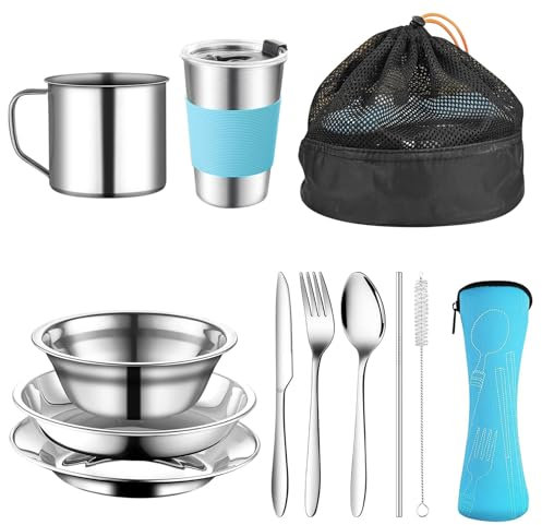 Posate da Campeggio, 10 Pezzi Gavetta Scout Portare Piatti, Ciotole, Tazze, Forchette, Cucchiai e Sacchetti per Posatekit Campeggio Adatto per Viaggiare, Fare Escursioni, Fare Picnic (Blu)