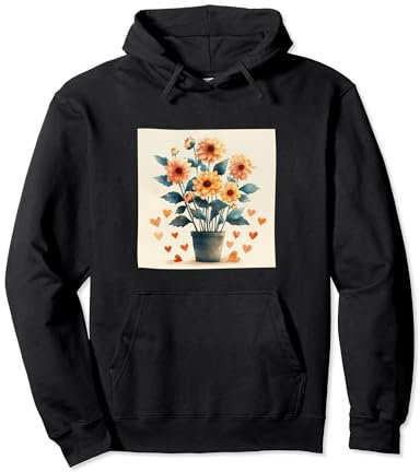 Dahlia Plant In Pot Cottagecore Hearts Graphic Pullover Hoodie