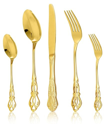 MINICOCO Cutlery Set 30 Pieces Golden Flatware Set for 6 People Mirror Polished Stainless Steel Cutlery Set,Anti-Tarnish Kitchen Utensils for Christmas/Home/Party/Wedding
