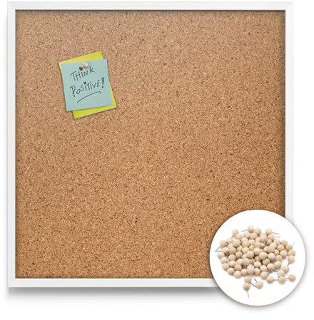 Tulup Korkplatte Wand 50x50 cm Mit Pushpins 1,5 cm Dicke mit Weißer Rahmen aus Kunststoff mit Rahmen Naturkorkschicht Memo Board für Büro Schule und Zuhause Pinnwand Kork