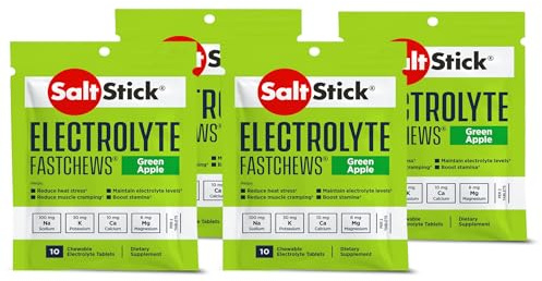 SaltStick FastChews Tüten Vorteilspaket, 4 x 10 Elektrolyt Kautabletten, Salz Tabletten für Sportler, Triathlon- und Marathon Läufer (4, Green Apple)