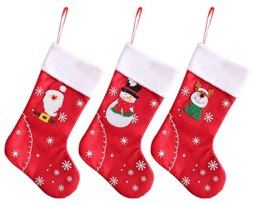 3 Piezas Calcetín de Navidad Personalizadas, 31cm Grande Medias de Navidad con Papá Noel, Muñeco de Nieve, Reno - Botas de Papá Noel Christmas Stocking para Colgar en Chimenea, Decoración Navideña