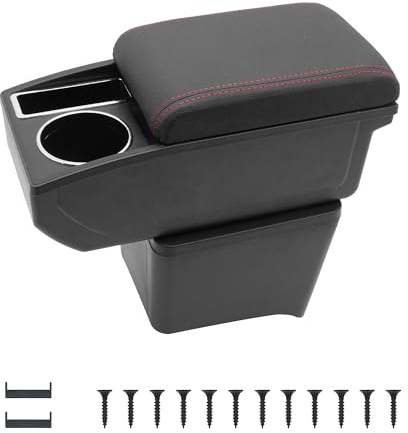 KAERGK Auto Armlehnen für VW Polo Vento 2002-2009 Mittelarmlehne | Zweistufiger Stauraum, Mit Getränkehalter, Einfache Montage, PU-Leder, Verstellbare Armlehne für Autos, Rote Nähte