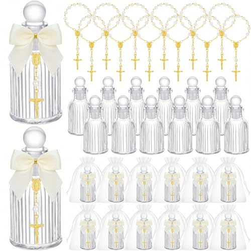 Chuangdi 24 Pcs 12 Sets Holy Water Bottles Baptism Favors for Guest Holy Water Container with Cross Rosary Organza Bag Bow 50ml Glass Empty Container for Communion Christian Wedding (Classic,White)