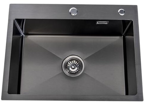 Lendo Online Evier Cuisine 1 Bac - Evier Inox avec kit de vidange complet - Bouchon d'eau et Siphon - Evier à Poser avec Trous pour Robinets et Distributeurs de Savon (Noir, 59x44x20cm)