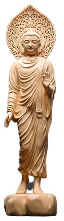 Statua di Buddha ascetico in legno di cipresso intagliato a mano, statuetta Shakyamuni per la decorazione della casa e del tempio