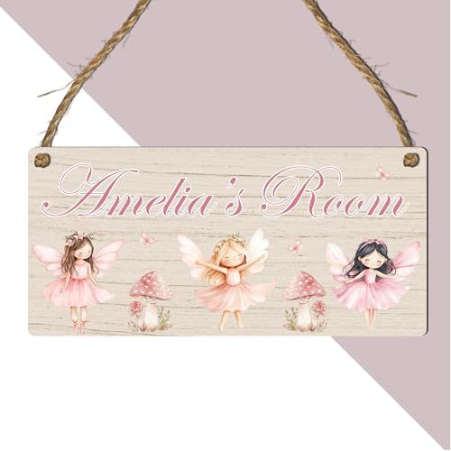 Custom Girls Room Name Plaque | Personalised Kids Bedroom Sign | Fairies Rainbows Unicorns Princess Castle Bedroom Décor | Wooden Hanging Decoration (Fairies)