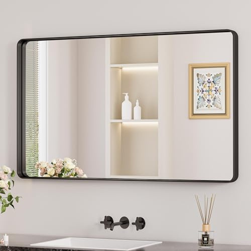 Keonjinn Wand Spiegel Schwarz 100x60cm, Badezimmerspiegel Badspiegel mit Metallrahmen, Gehärtetes Glas Rechteckiger Spiegel Flur für Badezimmer, Wohnzimmer, Schlafzimmer, Wanddekoration