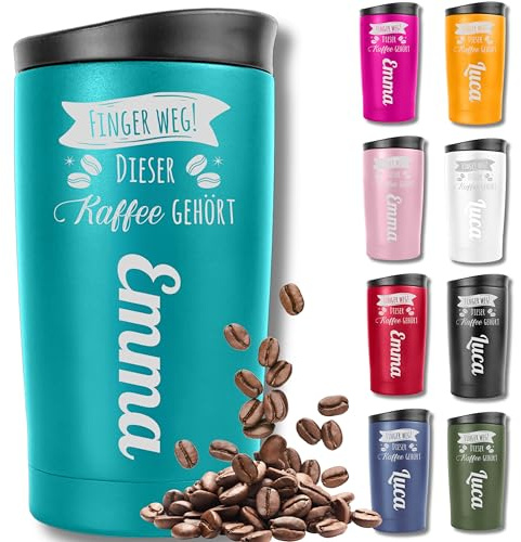 KUINEA Thermobecher personalisiert mit Namensgravur – Kaffeebecher To Go aus Edelstahl, 350 ml, 100% auslaufsicher – Türkis