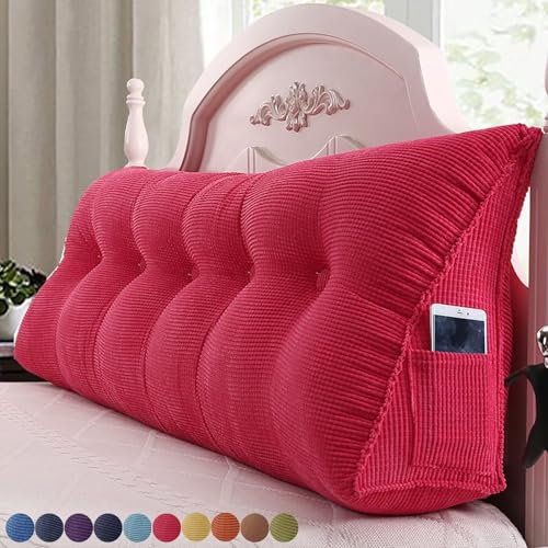 200 cm rosa Bett Rückenlehne Kissen großes dreieckiges Kopfteil Kissen waschbar Cord Rückenstützkissen mit Seitentasche Wandmontage Rückenkissen für Komfort