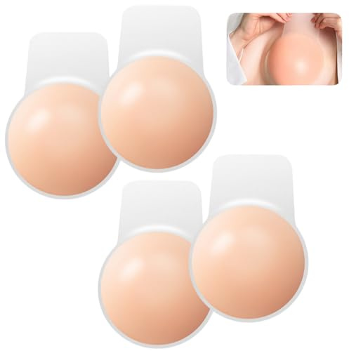 Silicone Sticky Bra Pasties - 2Pairs Pasties Nipple Covers with Lift, Invisible Strapless Self Adhesive Bras Sticky Boobtapes Push Up Reusable Stick on Bra for Women Backless Dress Beige