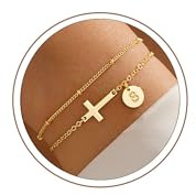 TINGN Armband Damen Gold mit Kreuz - 14K Gold Vergoldet Layered Personalisierte Armband mit Buchstaben Monogramm Scheiben Armkette Damen Goldschmuck Taufe Geschenke für Frauen Teenager Mädchen