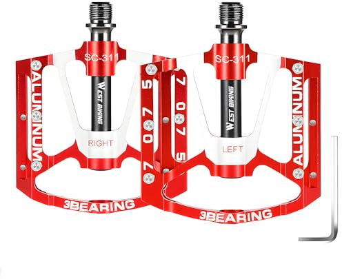 Pedali per mountain bike, 3 cuscinetti per bicicletta, pedali da 9/16 pollici, piatti, in alluminio leggero, antiscivolo, per bici da strada, BMX, MTB (rosso)