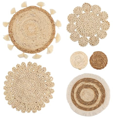 Aboiledy 6-Teiliges Boho-Wandkorb-Set, Geflochtene Rattan-Flachkörbe, Wandbehang, Handgefertigte Quasten, Blumen-Wandkörbe, Sofa-Nachttisch-Dekorationen