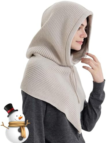 Winter-Sturmhaube, Hoodie, Schal für Damen, 2-in-1, Kapuzenschal, warm, Strickmütze, Halswärmer, Set mit Kordelzug, Beige Grau, Einheitsgröße