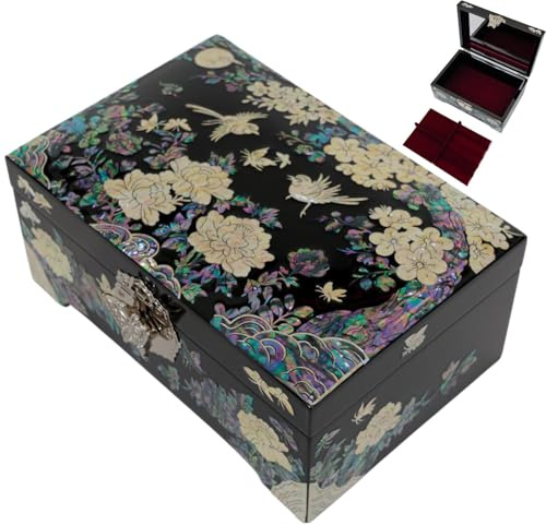 February Mountain Große Schmuck-Organizer-Box mit Spiegel, Perlmutt, luxuriöses Geschenk für Frauen, Jahrestag, Muttertag, Valentinstag, Weihnachten und Geburtstag (schwarze Vögel)
