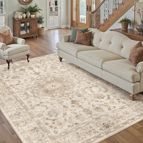 PureCozy Beige Teppich Wohnzimmer 160x230cm Waschbarer Vintage Tepiche | Rutschfest Kurzflor,Weich Teppiche,Wohnzimmerteppich,Schlafzimmer,Esszimmer,Büro,Kinderzimmer