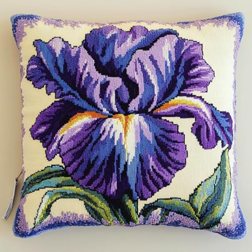 AMBATTERY Punto Croce Kit Da Ricamare, Iris viola Punto Croce Cuscino Decorativo Kit Per Cuscino Ricamato 45x45cm Kit Per Ricamare Federa