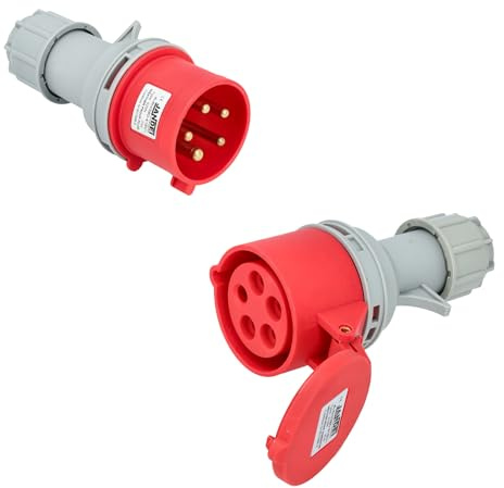 Jandei - Pack Conector Trifásico de Potencia, Toma industrial 32A 3P+N+T (5 polos) 240-415 Vac IP44, Macho Aéreo + Hembra Aéreo. Enchufes Industriales Adaptador