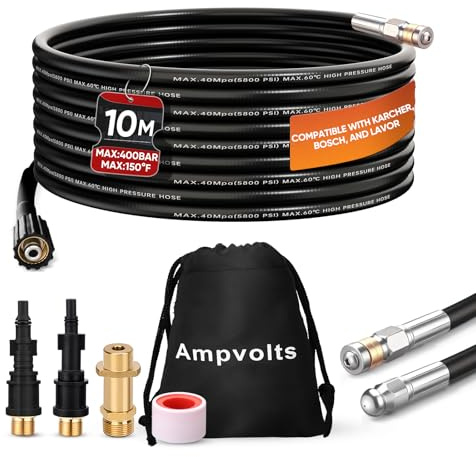 Ampvolts 10m sonda sturatubi per idropulitrice - 400 Bar/5800 PSI, Sonda Spurgatubi Compatibile con Karcher K2-K7, Lavor, Bosch Professional - Per una Pulizia Facile di Tubi e Lavandini Intasati
