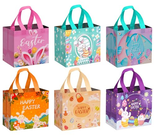 Viyohoh Easter Bags, 6 Packs Reusable Tote Bags for Egg Hunt, Gift Wrapping and Party Supplies for School Party Bunny and Eggs Basket Containers Boy Girls Egg Hunt