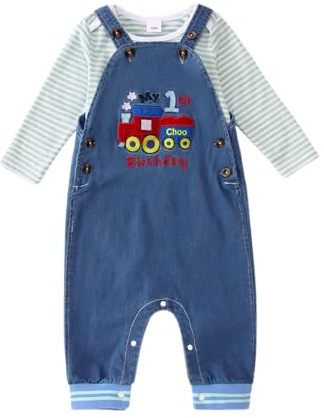 BOUTIKOME Ragazzi 1° Compleanno Vestito Bambino Ragazzo Tuta Set Neonati Vestiti Strisce Manica Lunga Pagliaccetto Jeans Regolabile Salopette con Bottoni Ricamo Stampante Set di Abbigliamento