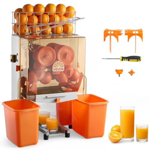 VEVOR Exprimidora de Naranjas Comercial 120 W de Acero Inoxidable y PC, Eléctrica, Con 2 Recipientes Recolectores, Capacidad para Hasta 20 Naranjas por Minuto, Para Limones y Cítricos 55-80 mm