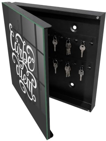 Tulup Armario para Llaves 30x30 cm | Negros | Izquierda | Montaje en Pared | Carpe Diem | Kit de Montaje Incluido | 50 Ganchos | Organizador | de Metal | Frente Decorativo de Cristal