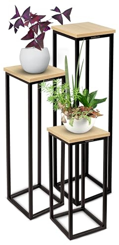 holz4home® Dekoständer aus MDF I Blumenständer MDF Sonoma Eiche I Pflanzentreppe Industrial Style mit Metallgestell I Fertig montiert I Für Wohnzimmer, Küche, Büro, Flur mit Vintage Stil (3-TLG. Set)