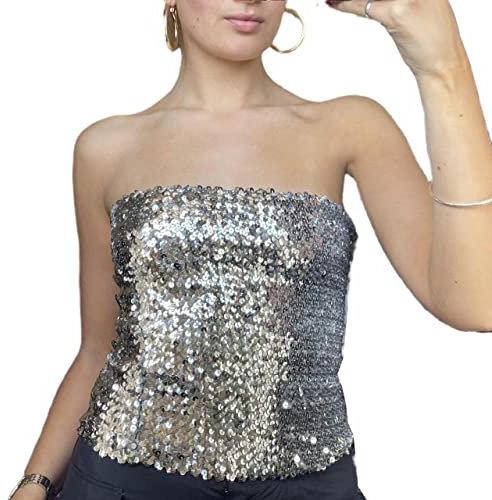 FeMereina Damen Glänzende Pailletten Party Cropped trägerlos Bandeau Stretch Tube Top trägerlos Metallic Meerjungfrau Crop Tops für Club, silber, X-Large