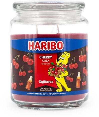 Haribo Duftkerze im Glas | Cherry Cola 510g | Duftkerze Kirsche | 100h Brenndauer | 2 Dochte | Geschenkidee für Frauen | Kerze für Winter & Weihnachten